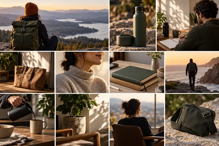 Ein kreatives Moodboard mit Markenbildern für ein kleines Unternehmen, darunter Porträts, Produkte und Social-Media-Grafiken