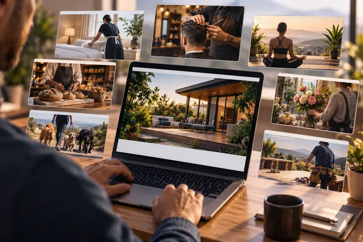 Eine ansprechende Sammlung von Websites kleiner Unternehmen, angeordnet um einen Laptop, der die moderne Startseite eines Dienstleistungsunternehmens zeigt