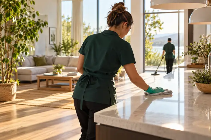 Eine helle, moderne Website für einen Reinigungsservice neben einem ordentlichen, sonnenbeschienenen Wohninterieur