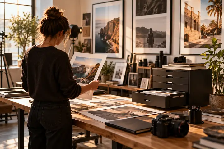 Ein freiberuflicher Fotograf, der in einem warmen Studio arbeitet, umgeben von gerahmten redaktionellen Bildern