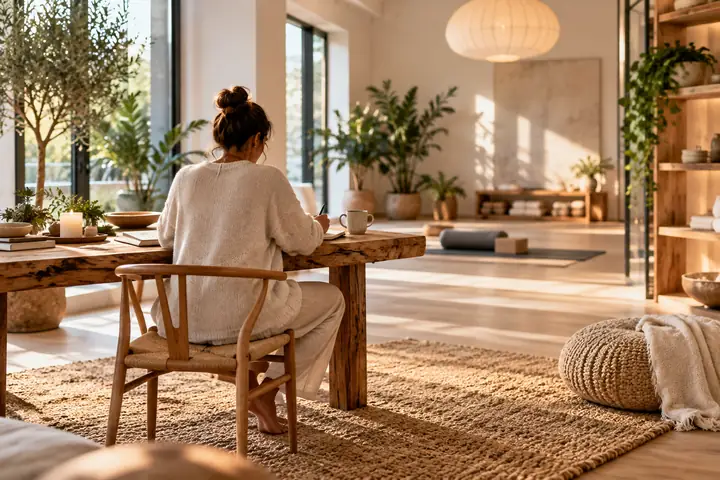 Ein ruhiges, einladendes Wellnessstudio mit natürlichem Licht, Pflanzen und sanften, neutralen Texturen